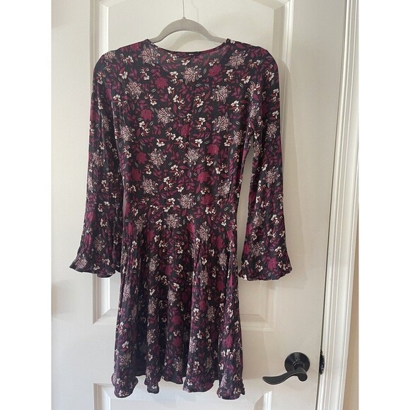 American Eagle Size XS Burgundy Floral Print Bell Sleeve Boho Dress - Picture 9 of 11